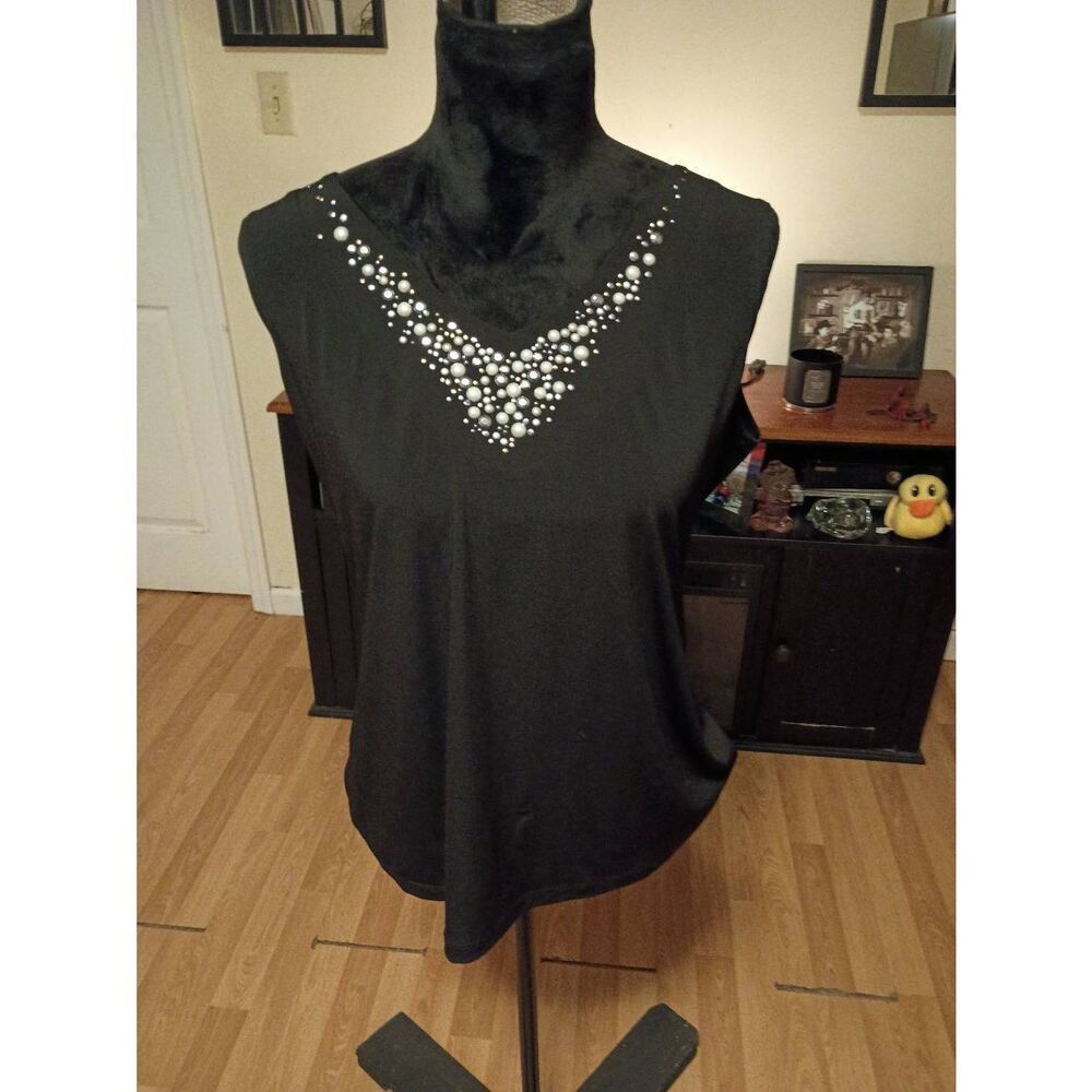 Medium Susan Graver Black Embellished VNeck VCut Pullover Tank Top